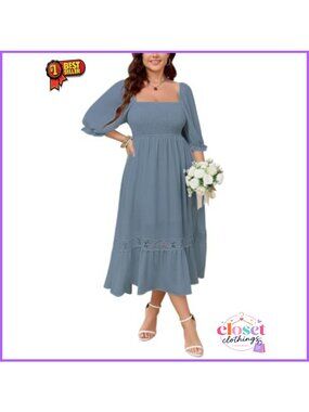 Plus Size Maxi Dress Square Neck Smocked A-Line Flowy Bridal Shower